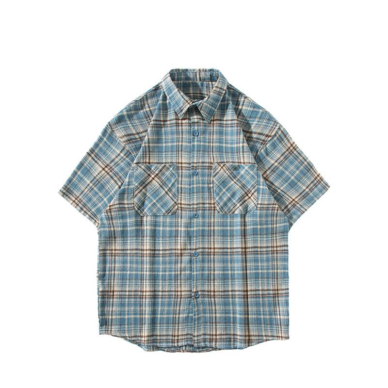 Maxct 90s Streetwear Japanese Niche Plaid Short-sleeved Shirt Men's Summer New Loose Trendy Brand All-match Shirt Couple's Coat Top