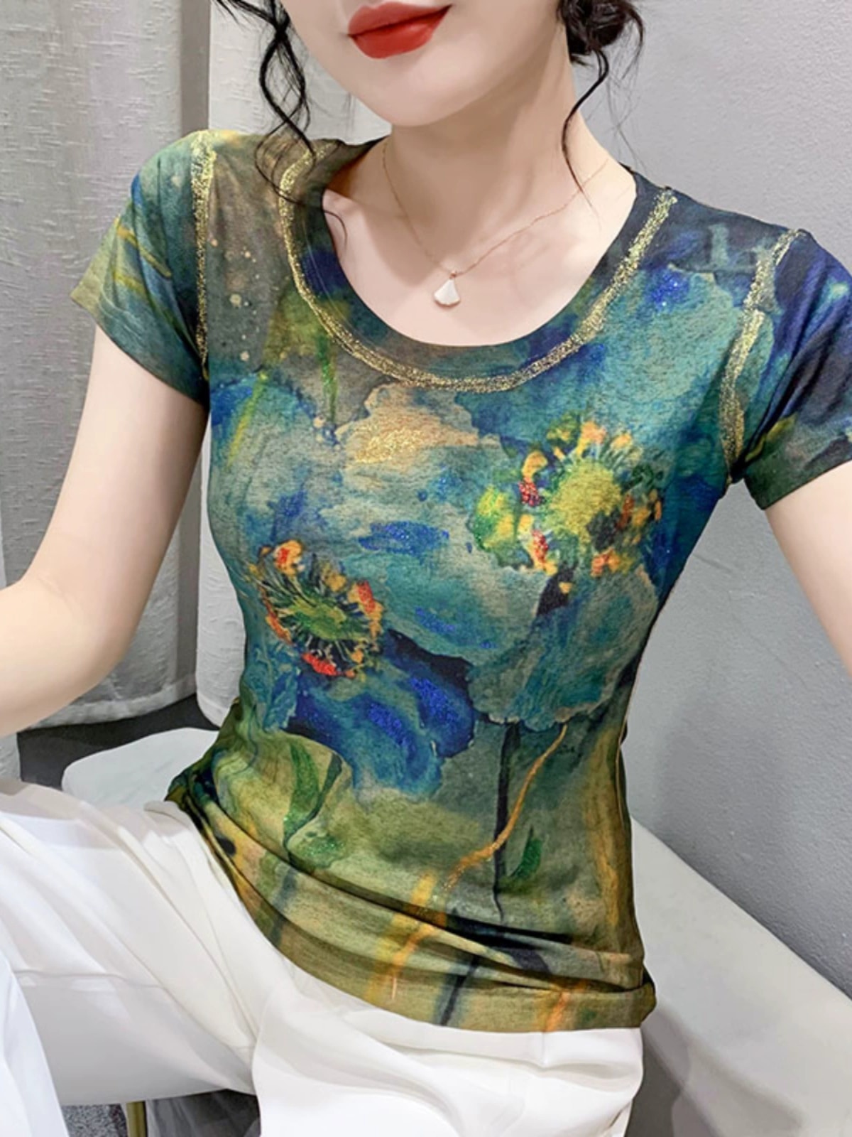 Maxct Summer Fashion Bronzing T-shirts Women's Printed Floral High Stretchy Tops Tees Lady Slim T Shirt