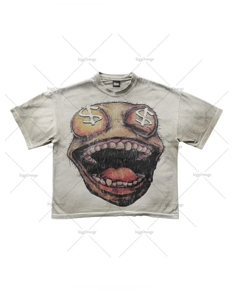 Maxct New Gothic American Retro Oversized T-shirt Men Y2k Cartoon Print Short-sleeved Men Spoof Punk Street Casual Loose Top Women