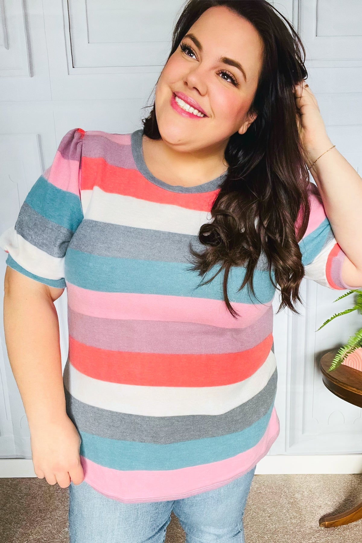 Maxct &Look Out Teal & Rose Striped Hacci Knit Puff Sleeve Top