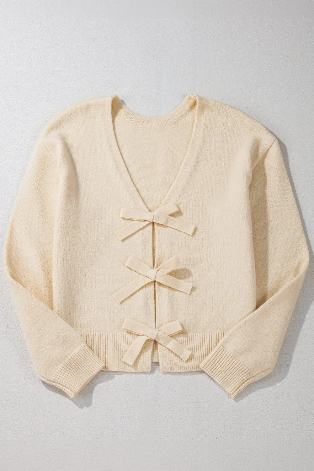 Maxct &Bowknot Front V Neck Long Sleeve Cardigan
