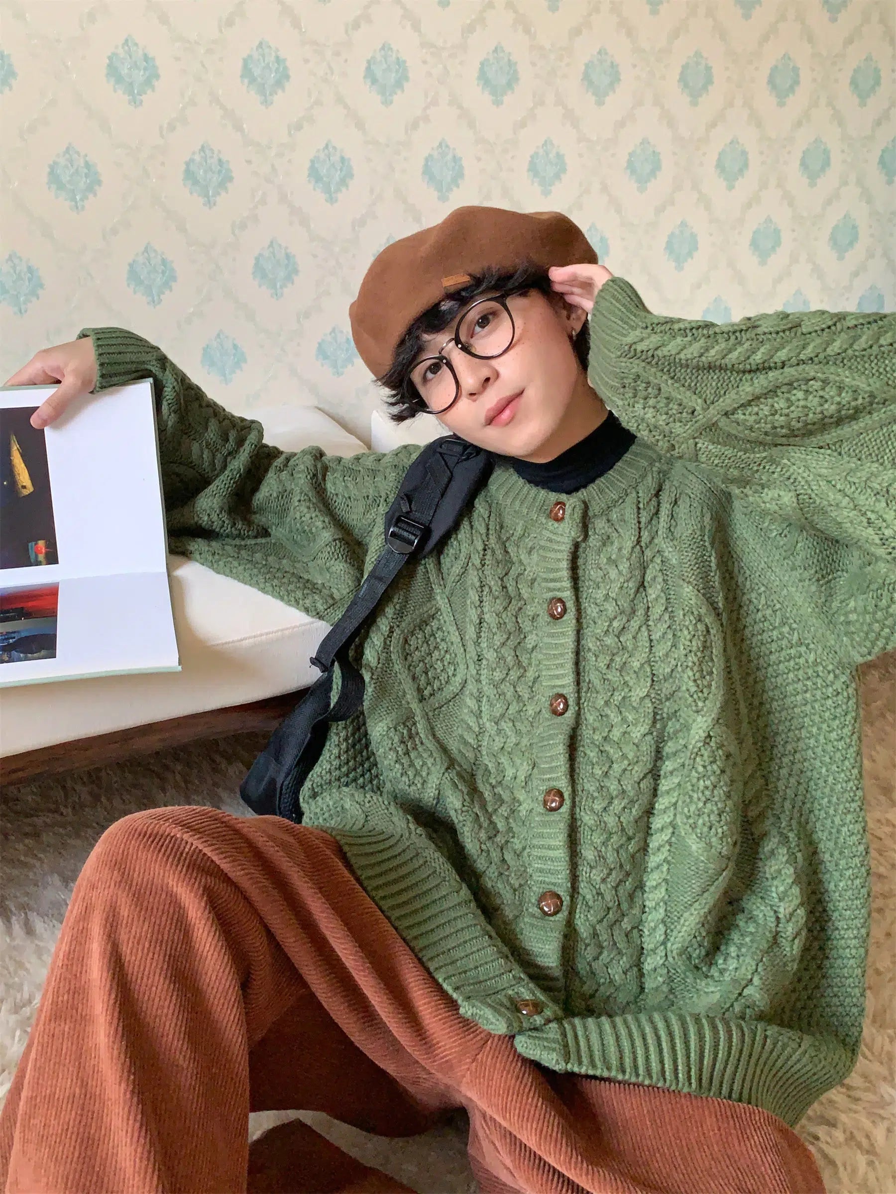 Maxct Crew Neck Twist Knit Sweater Cardigan