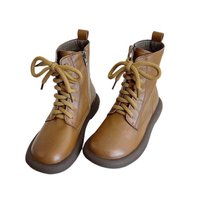 Maxct Women Autumn Retro Round Toe Leather Martin Boots