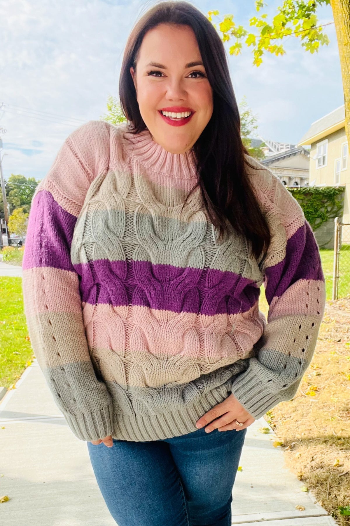 Maxct &Fall For You Mauve Multicolor Stripe Cable Knit Mock Neck Sweater