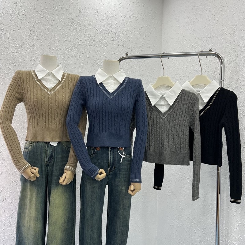 Maxct classy outfits men Preppy Style Twist Stitching Shirt Collar Fake Two Pieces Autumn New Knitwear Sweater Coat Top for Women