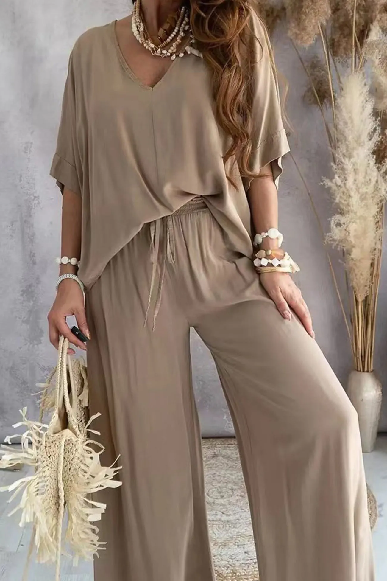 Maxct V Neck Bat Sleeve Solid Shirt Suits