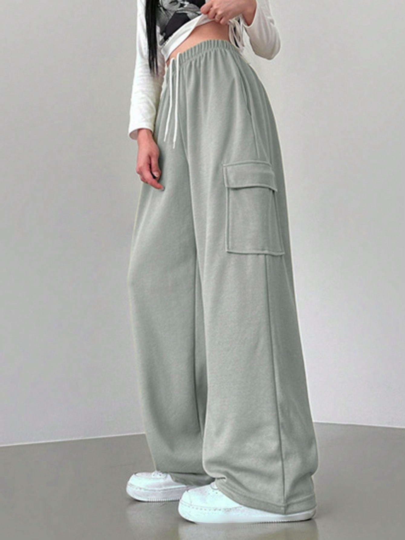 Maxct Casual Solid Color Drawstring Wide Leg Sweatpants With Pockets