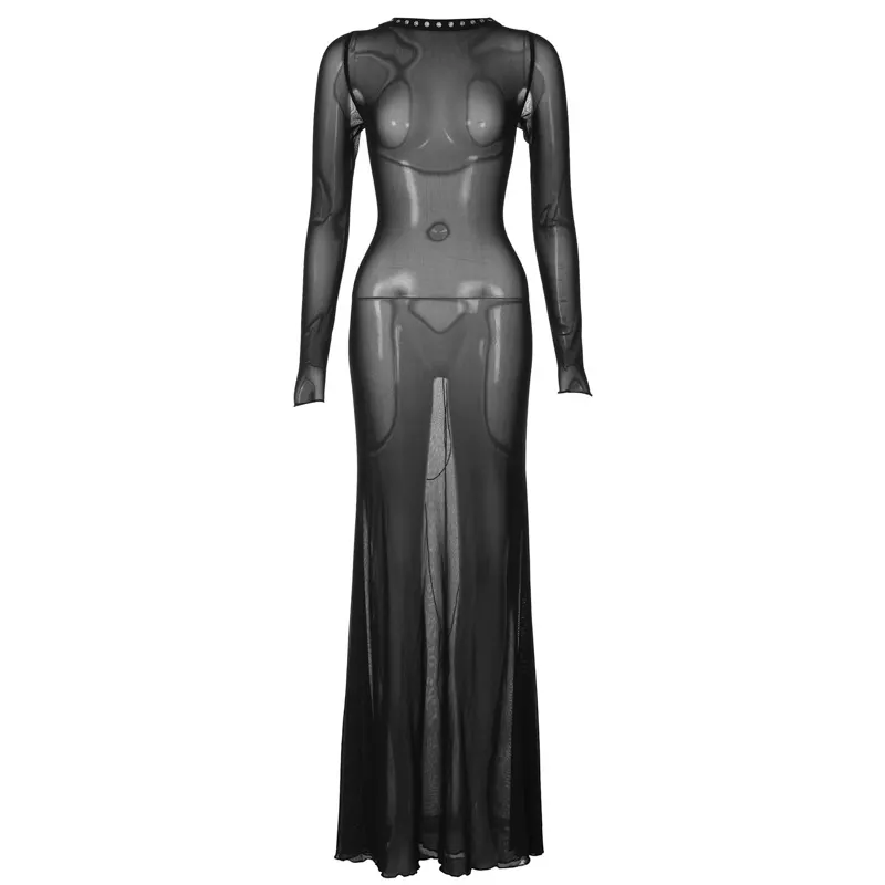 Maxct avant garde dress to impress Fashionable New Autumn Women's Clothing Sexy Mesh Backless Lace-up Long Sleeve Super Long Dress Women