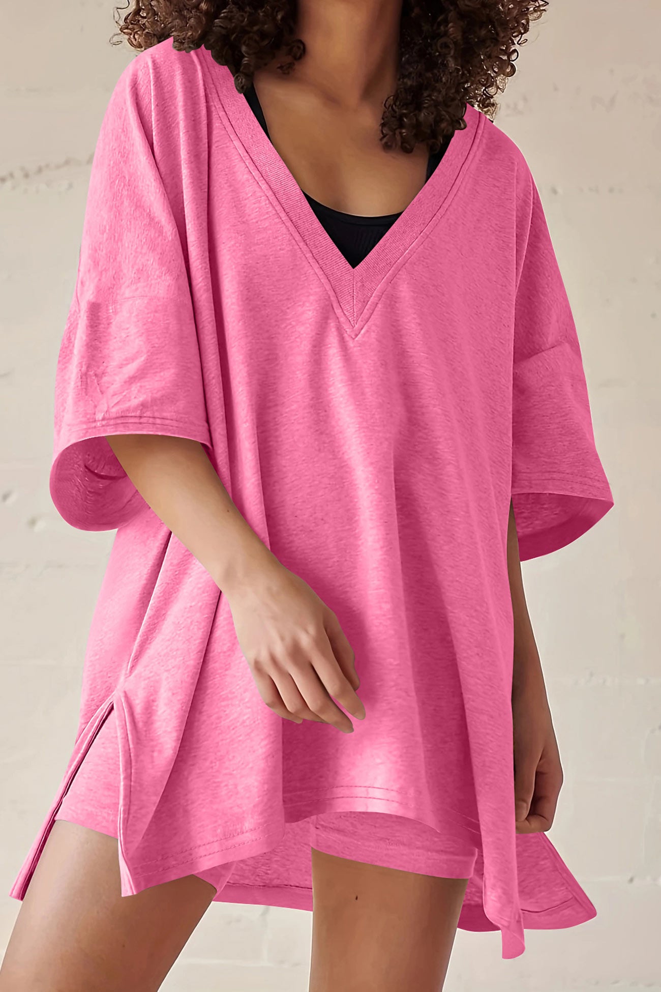 Maxct V Neck Side Slit T-shirt Bodycon Shorts Set
