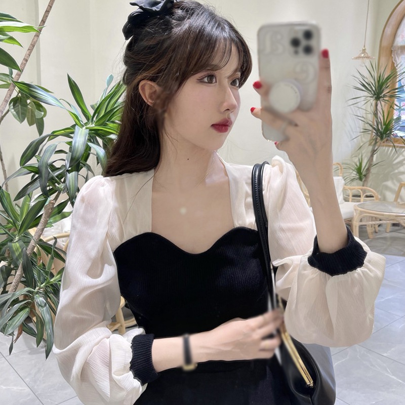 Maxct Autumn T Shirt for Women Square Neck Puff Sleeves Long Sleeves Blouse Chic Casual Tops