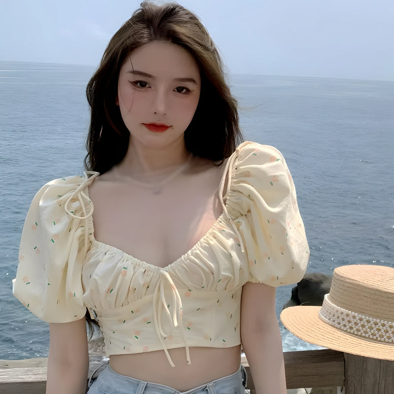 Maxct &Soft Girl Floral Puff Sleeve Crop Top