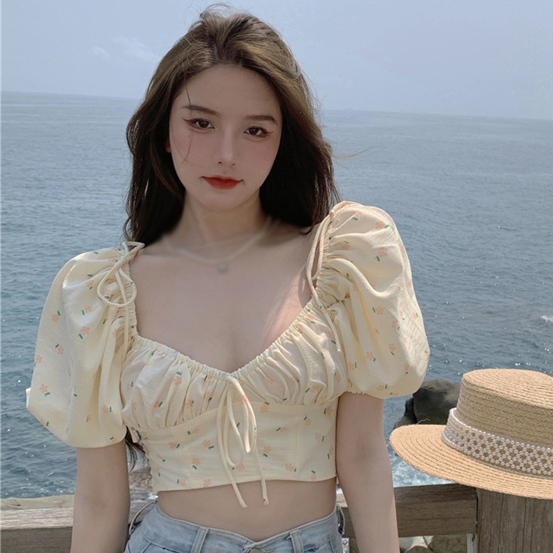 Maxct Sweet Floral Shirt Women French Vintage Square Collar Puff Sleeve Folds Elastic Slim-Fit Crop Top Chic