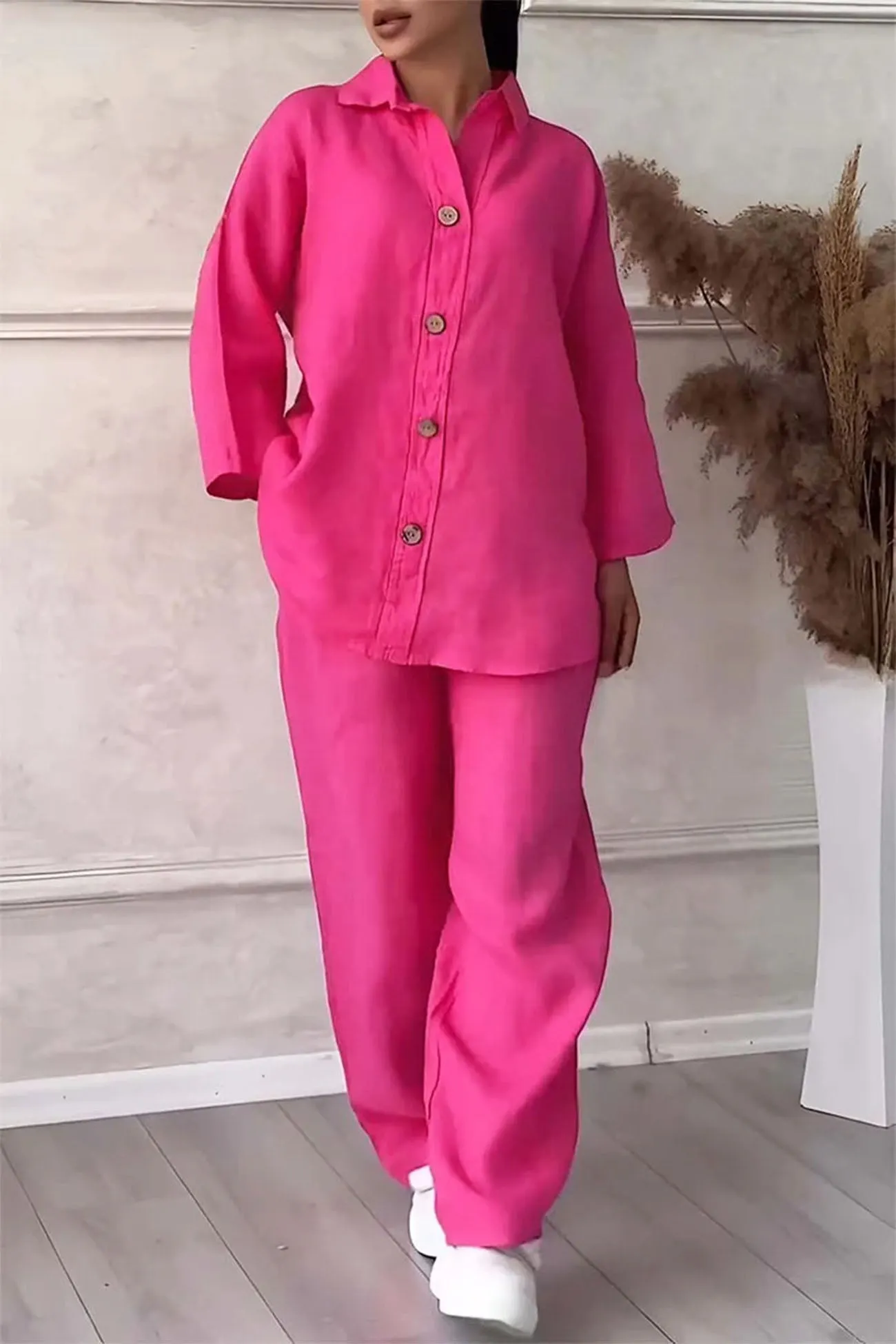 Maxct Solid Color Lapel Button Down Wide Leg Pants Set