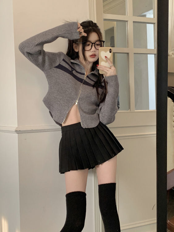 Maxct Vintage Striped Zip Up Cropped Cardigan