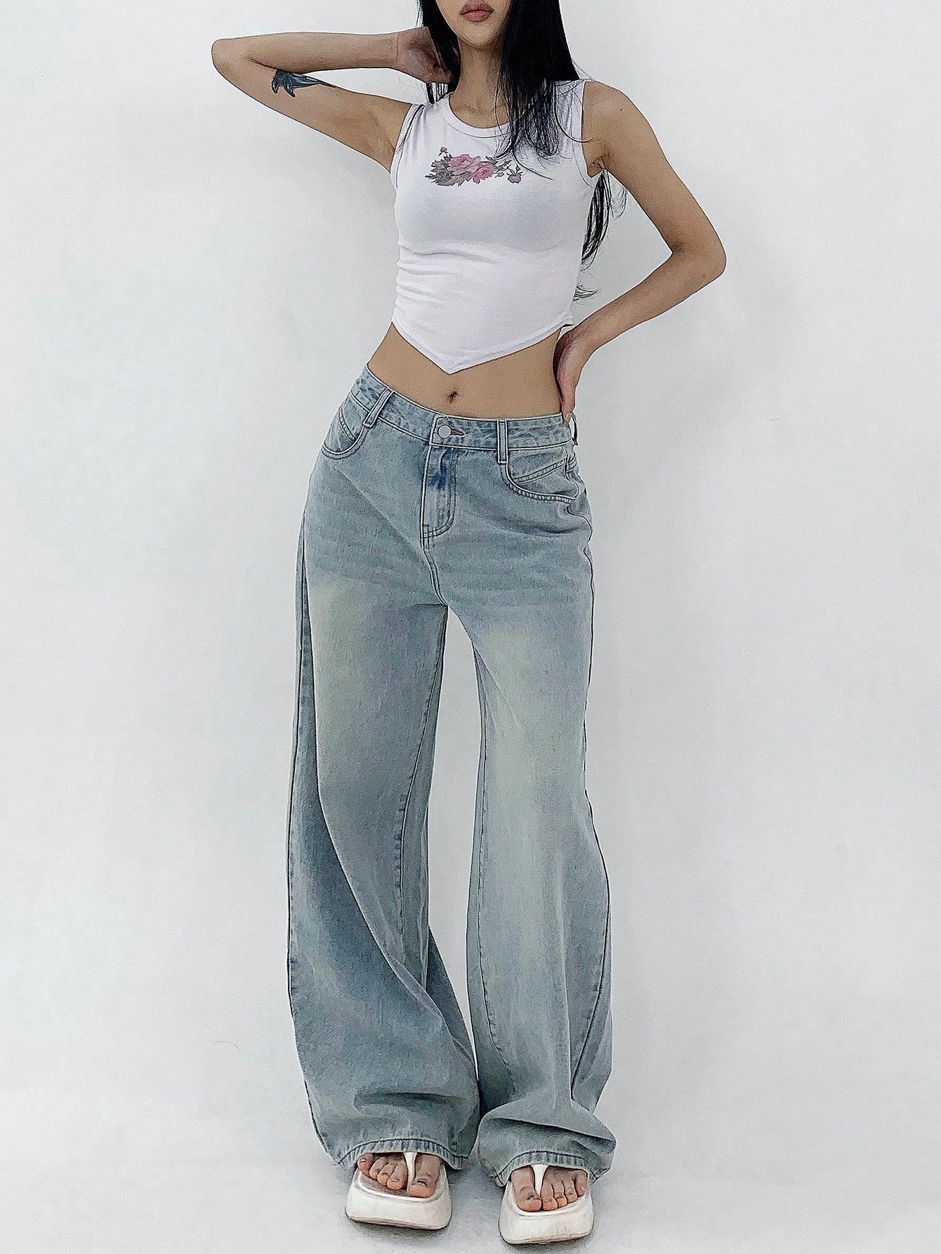 Maxct Women's Loose Fit Casual Denim Wide Leg Pants With Pockets