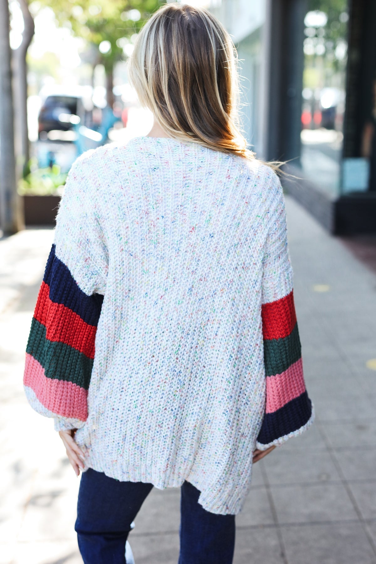 Maxct &Weekend Ready Ivory Multicolor Mixed Thread Bubble Sleeve Cardigan