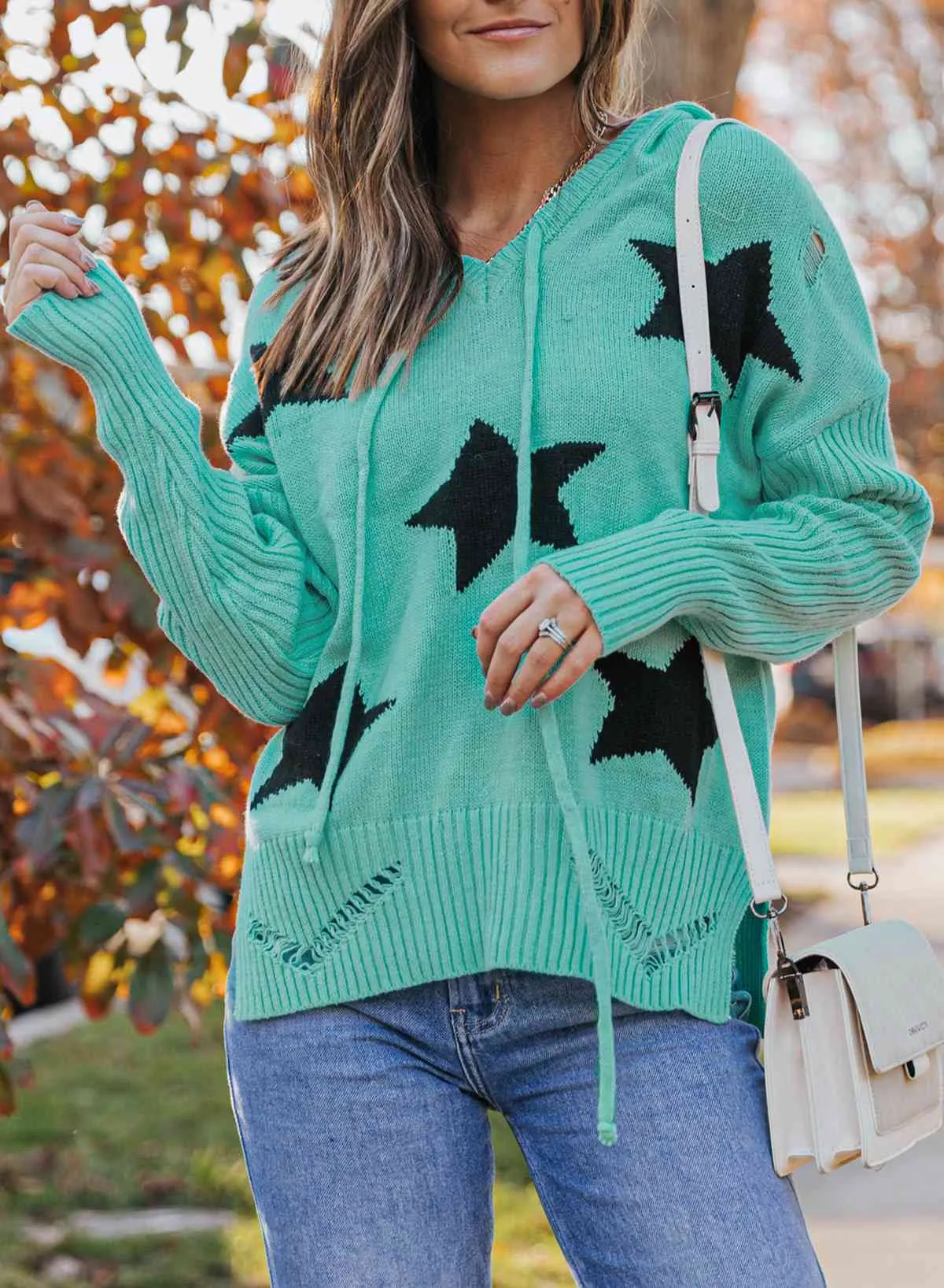 Maxct &Woven Right Star Distressed Slit Hooded Sweater