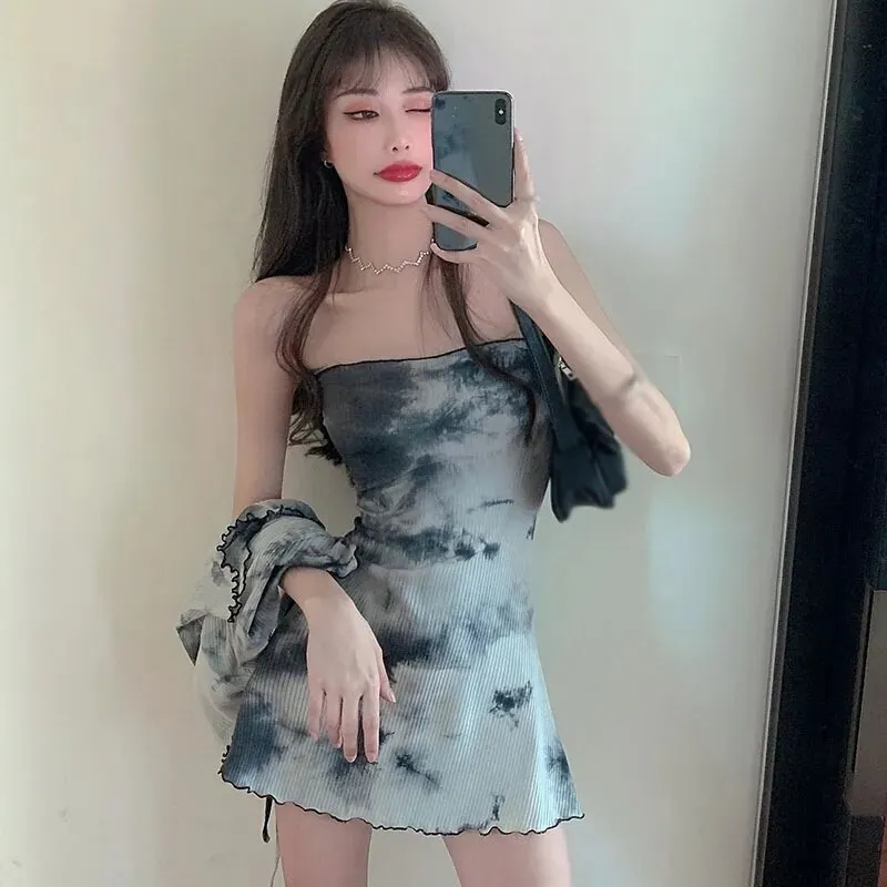 Maxct Set Autumn Tie-dye Design Sense Tube Top Dress Women Fashion Cardigan Top Two-piece Suit