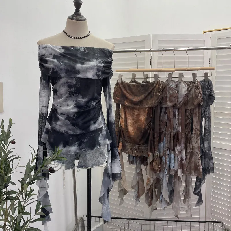Maxct off-Shoulder Ribbon Tie-Dyed Printed Mesh Shirt Top Hot Girl Design Pleated Long Sleeve T-shirt 8003
