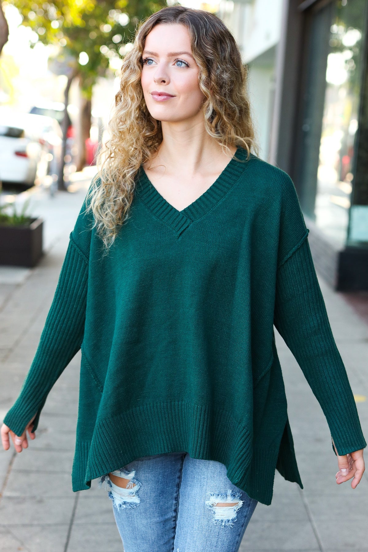 Maxct &Casual Chic Hunter Green Oversized V Neck Rib Knit Sweater