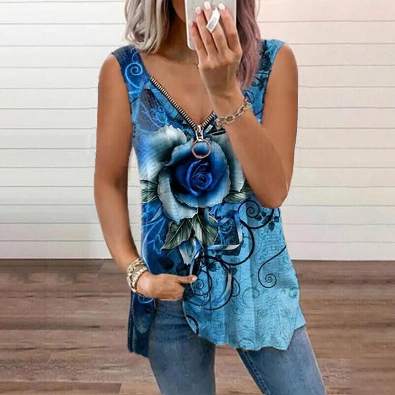 Maxct Women V Neck Zipper Sleeveless Top Summer Sexy Women Rose Printed T Shirt Fashion Loose Casual Plus Size Shirts F163