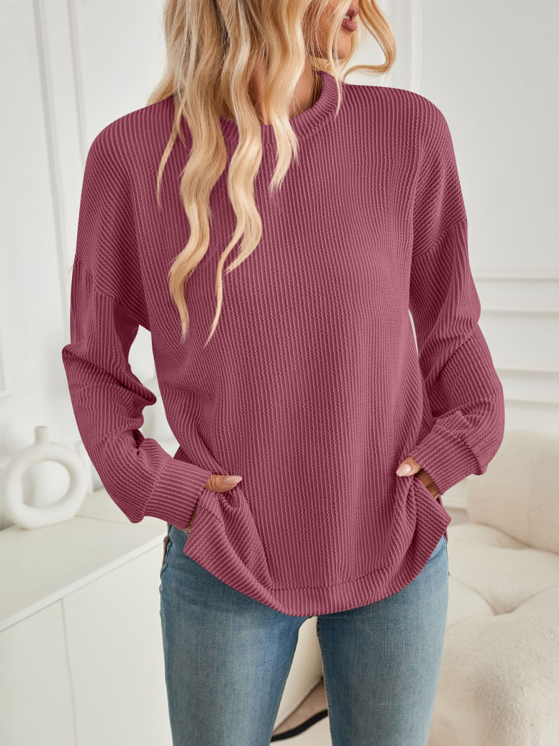 Maxct &Slit Round Neck Long Sleeve Sweatshirt
