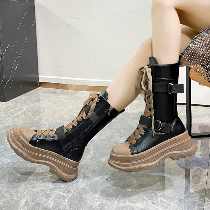 Platform Boots PU Leather Mid-Calf Combat for Women Maxct