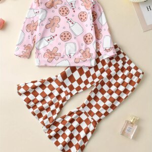 Toddler Girls Cartoon Gingerbread Man Graphic Pullover + Plaid Flare Pants Kids outdoor Clothes Christmas
