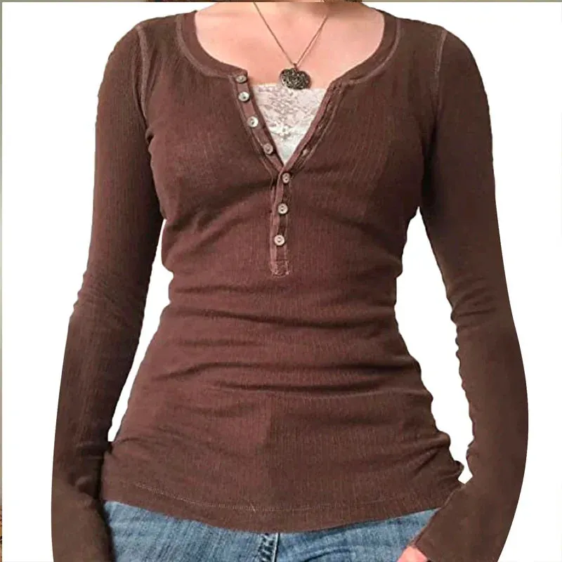 Maxct Y2K Fairy 90s Vintage V Neck Crop Tops Women 00s Retro Cottage Grunge T-shirt Autumn Ribbed Knitted Long Sleeve Slim Fit Tees