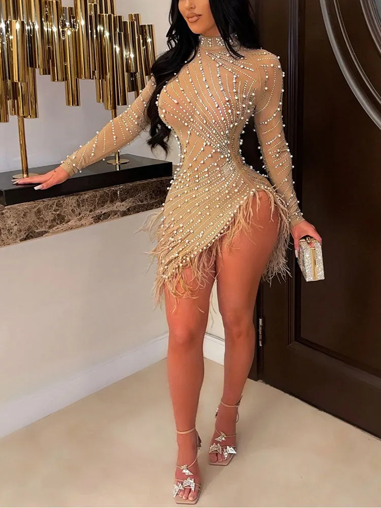 Mesh Rhinestone Mini Dress Maxct