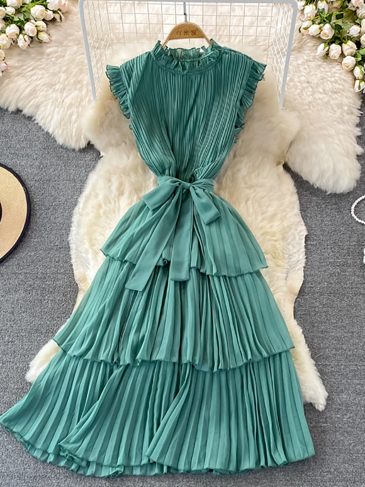 Maxct Women Purple/Pink/Green Draped Dress Vintage Ruffle Stand Collar Sleeveless High Waist Party Pleated Vestidos Female New
