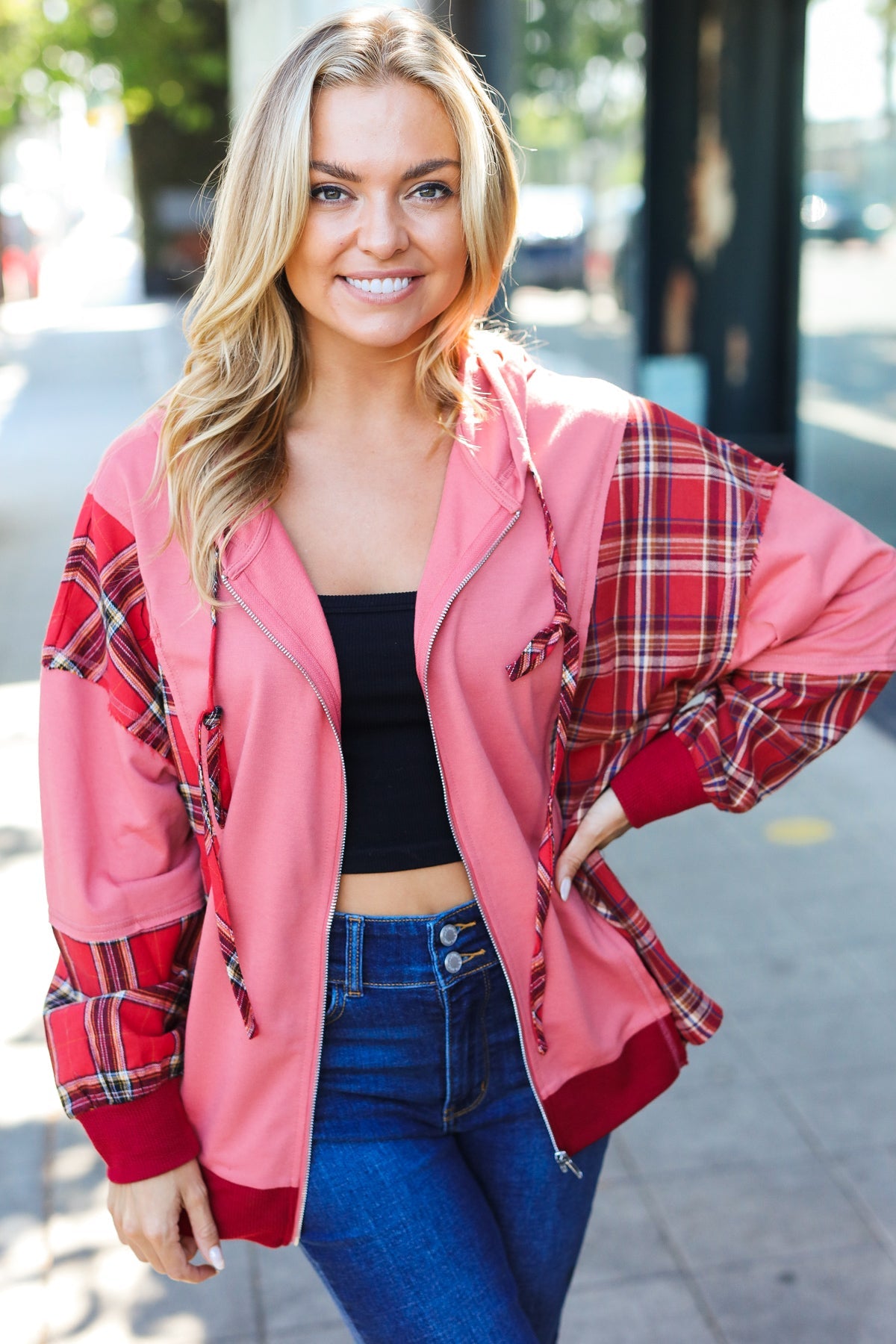 Maxct &Adorable in Marsala Plaid Color Block Zipper French Terry Hoodie