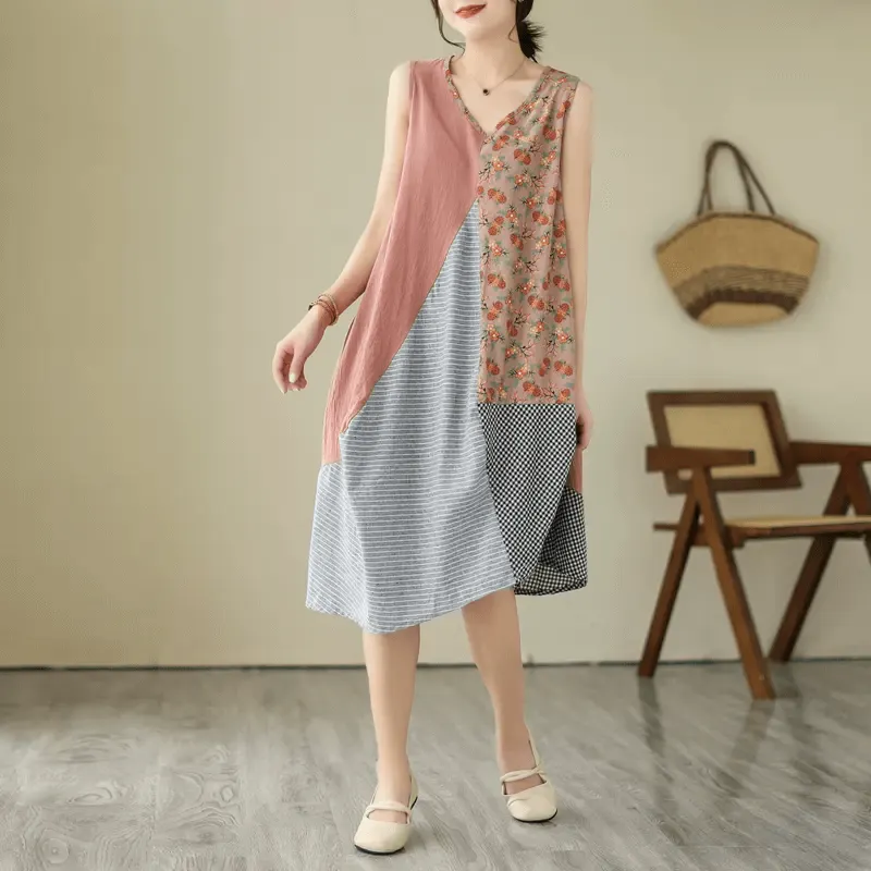 Maxct Women Patchwork Cotton Linen Midi Dress