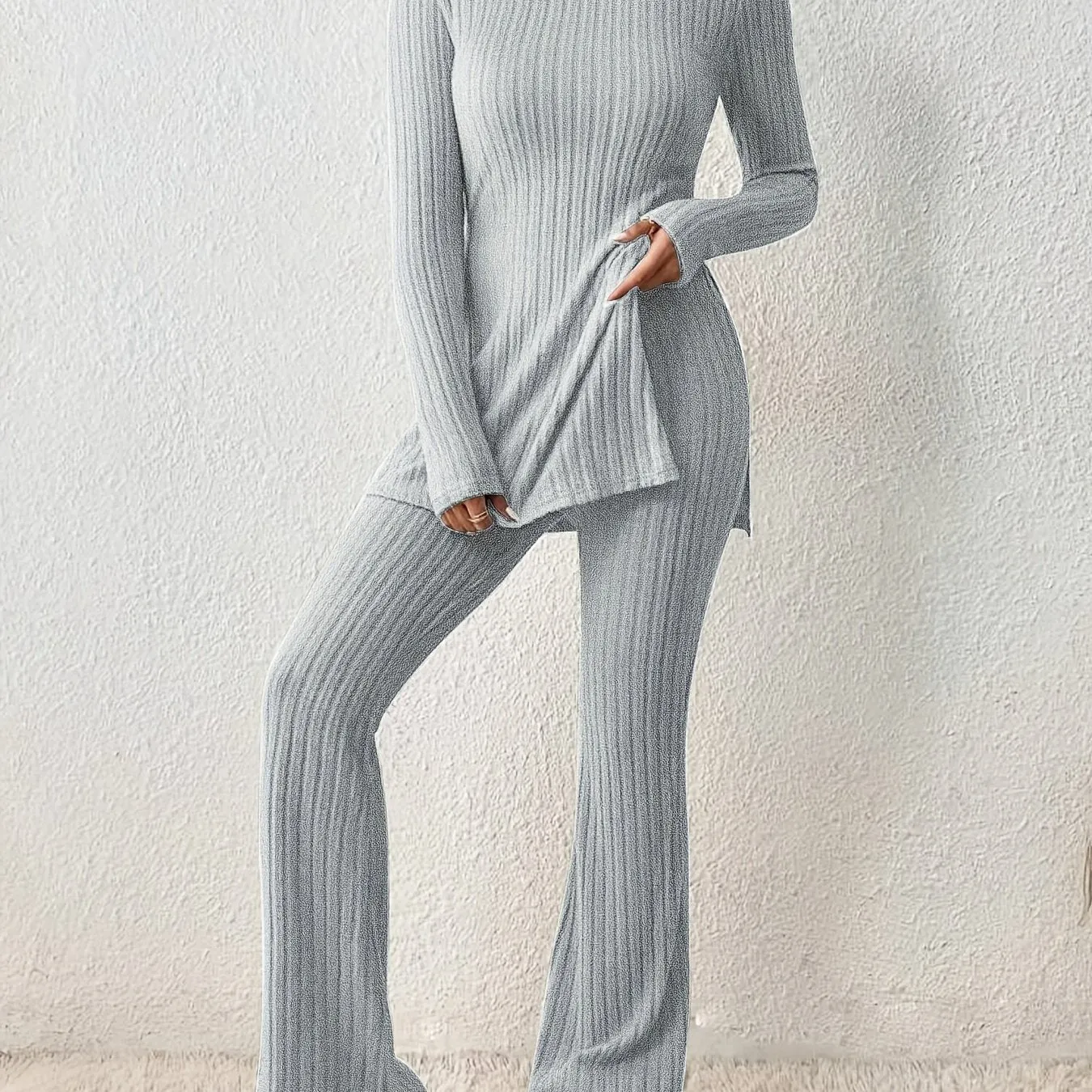 Maxct  Solid Textured Two-piece Set, Long Sleeve Slit Long Length Top & Skinny Pants Outfits, Women's Clothing
