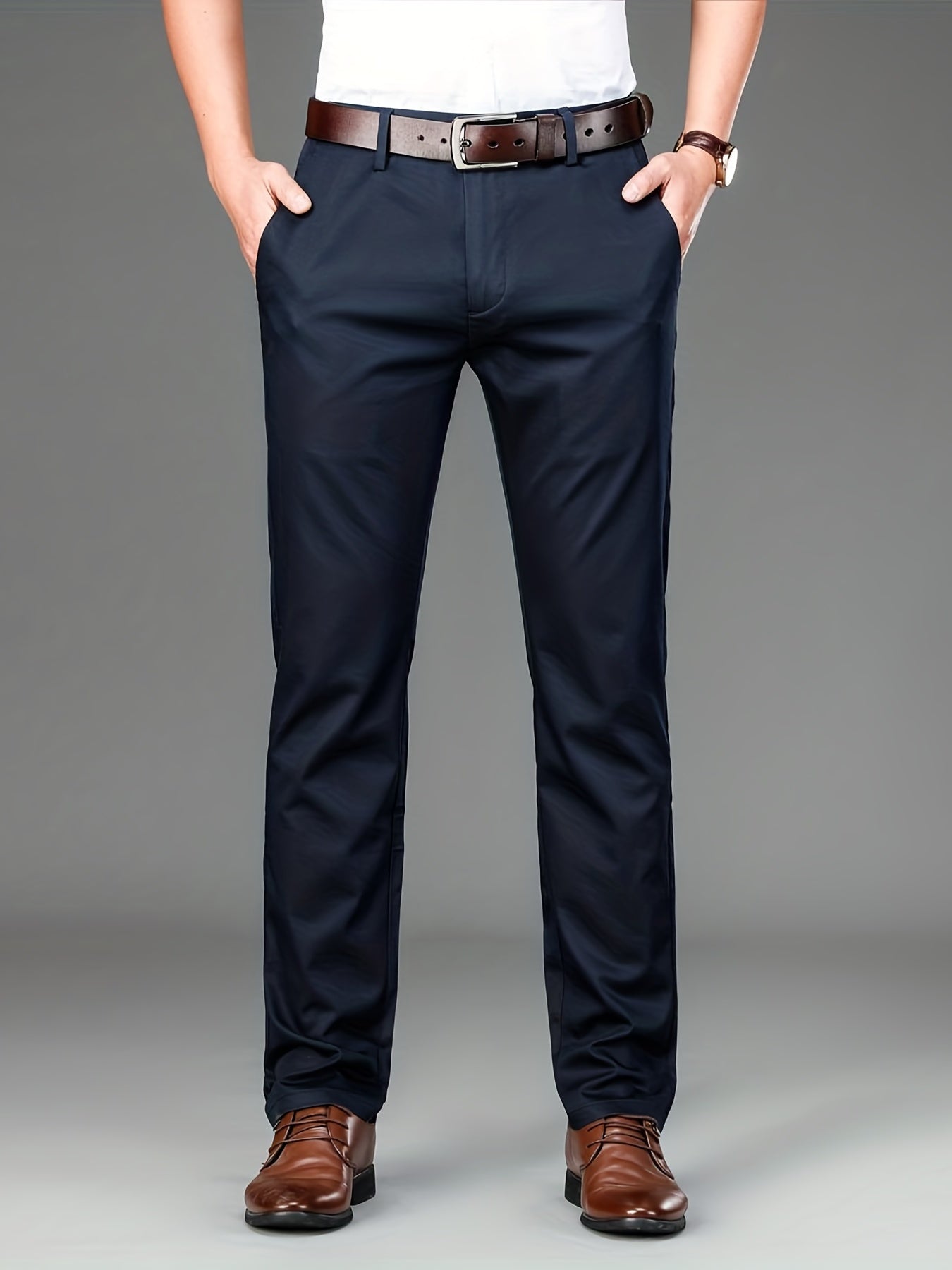 Maxct  Classic Design Dress Pants, Men's Formal Solid Color Mid Stretch Dress Pants For Spring Summer Business