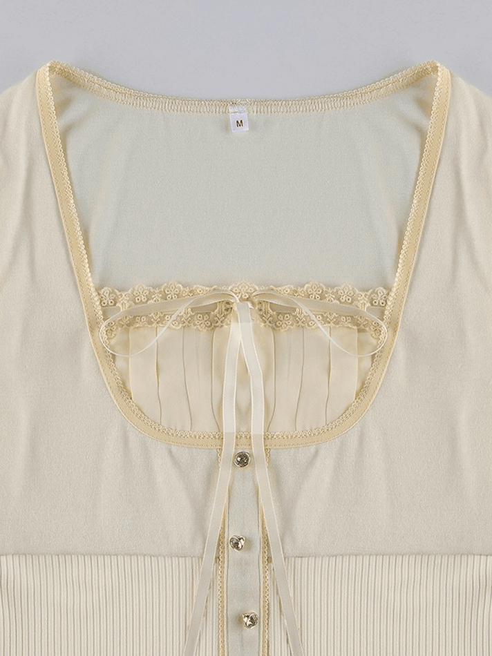 Maxct Fleece Bow-Neck Ribbed Lace Blouse