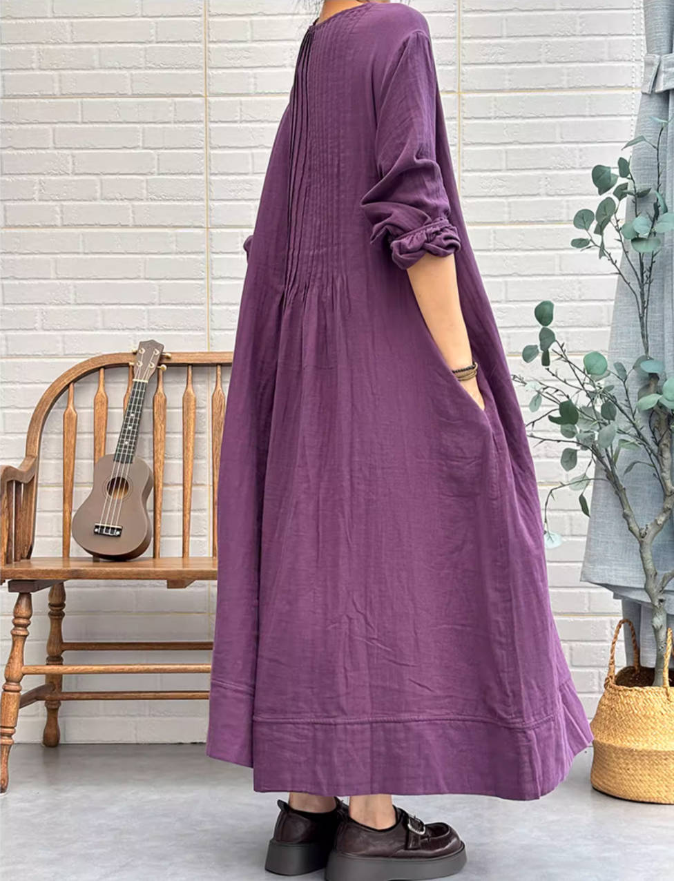 Solid Color Cotton Plus Size Loose Long Sleeves Dress