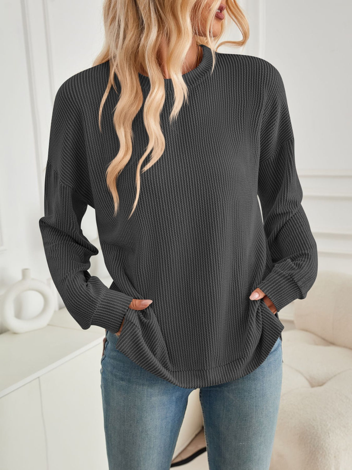 Maxct &Slit Round Neck Long Sleeve Sweatshirt