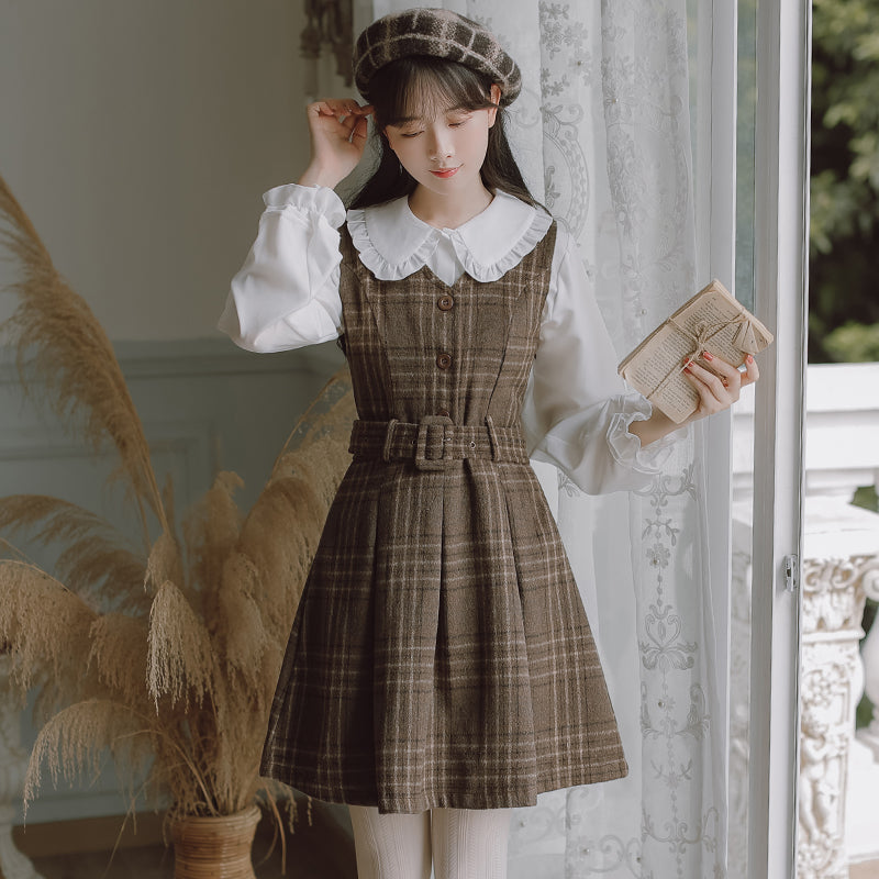 Coffee Plaid Pinafore Dress / Blouse Maxct