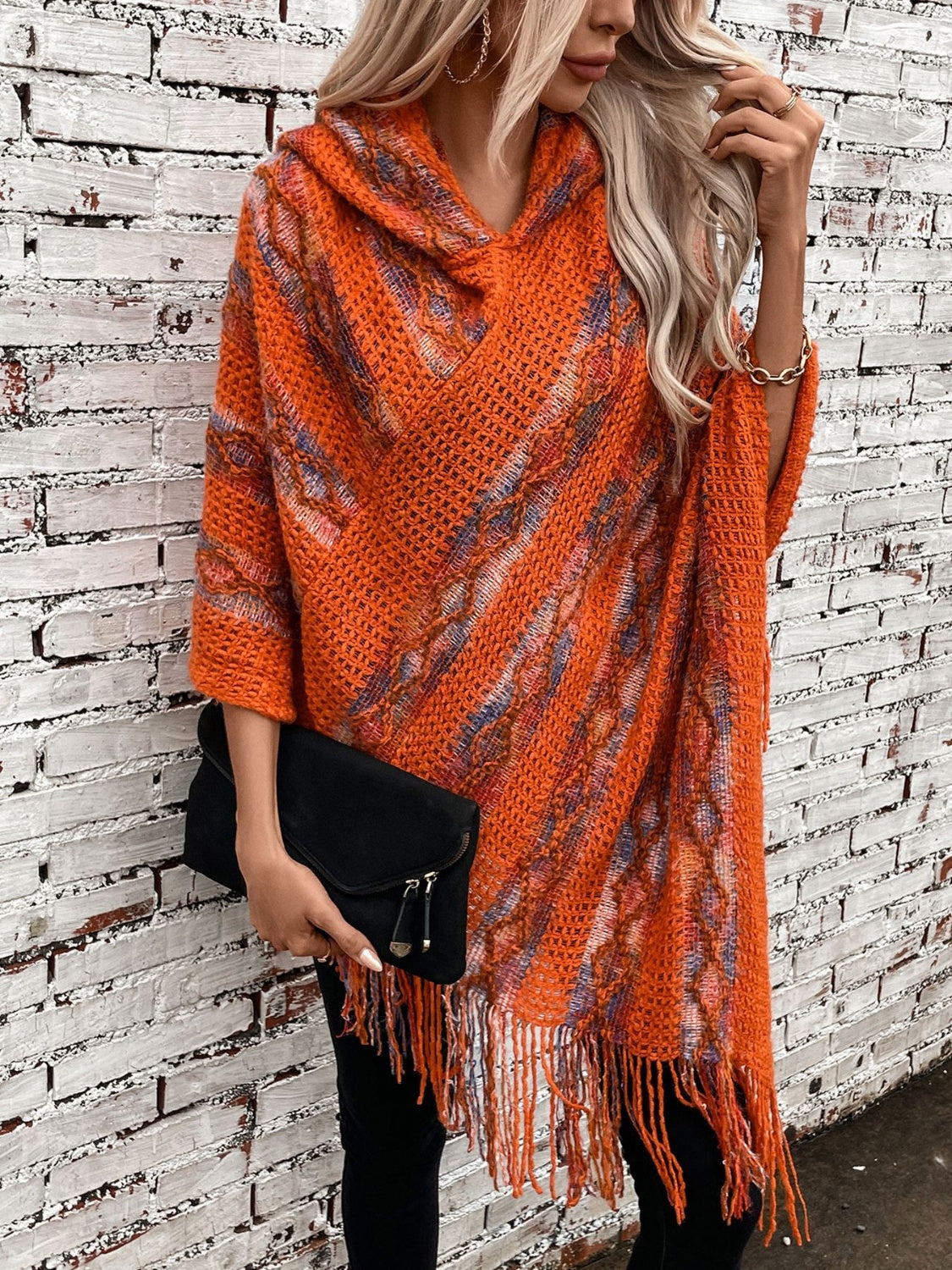 Maxct &Fringe Contrast Hooded Poncho