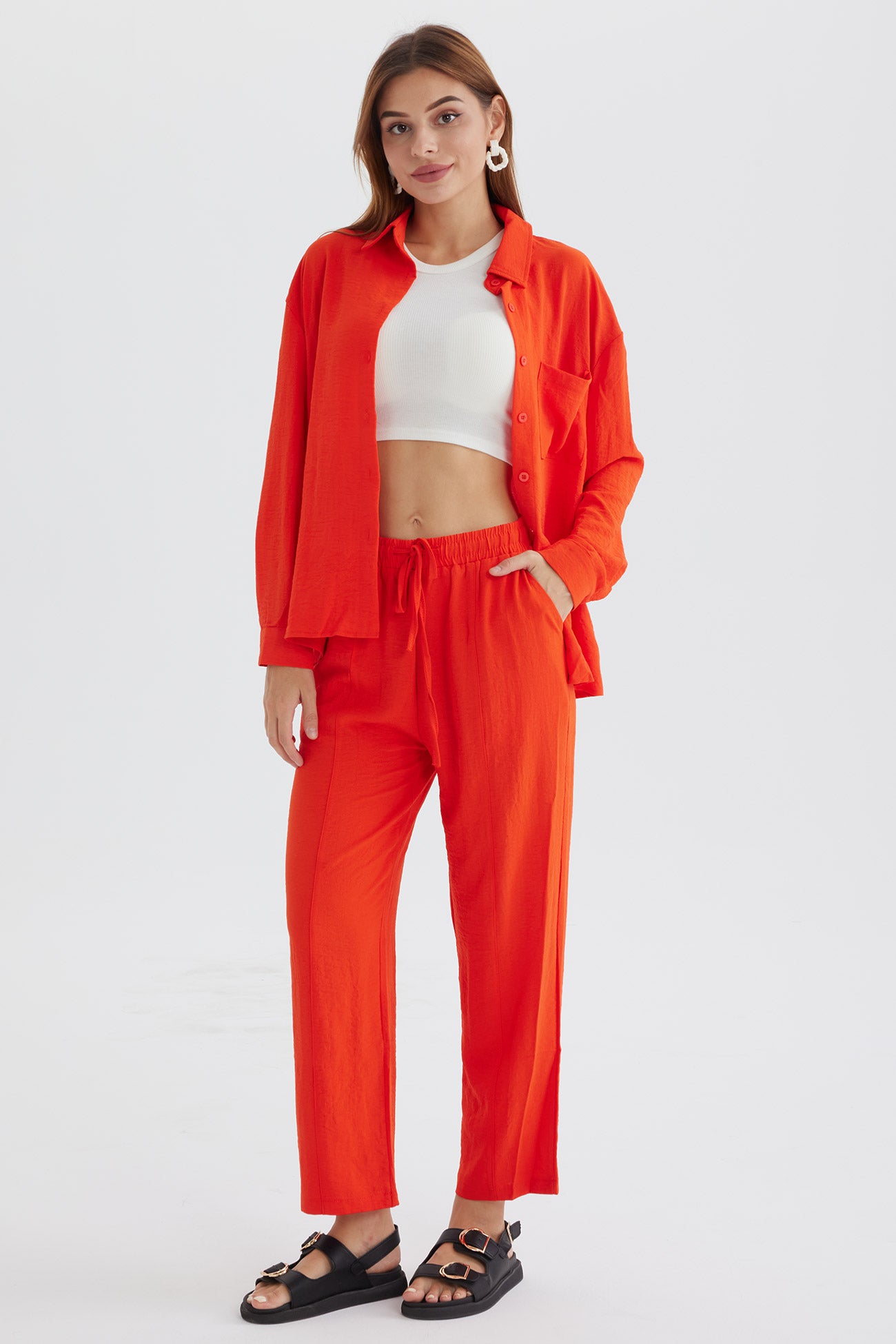 Maxct Long Sleeve Solid Color Shirt Long Pants Set - Image 6