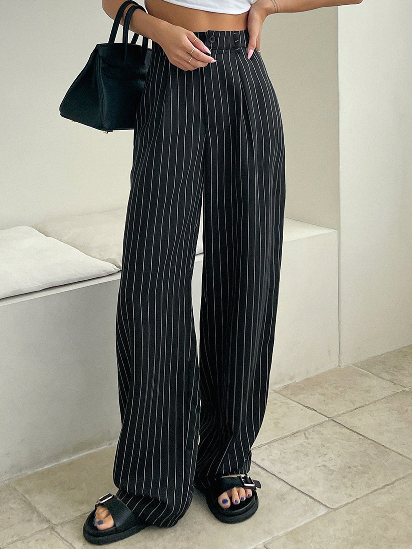 Maxct Striped Fold Pleated Tailored Pants