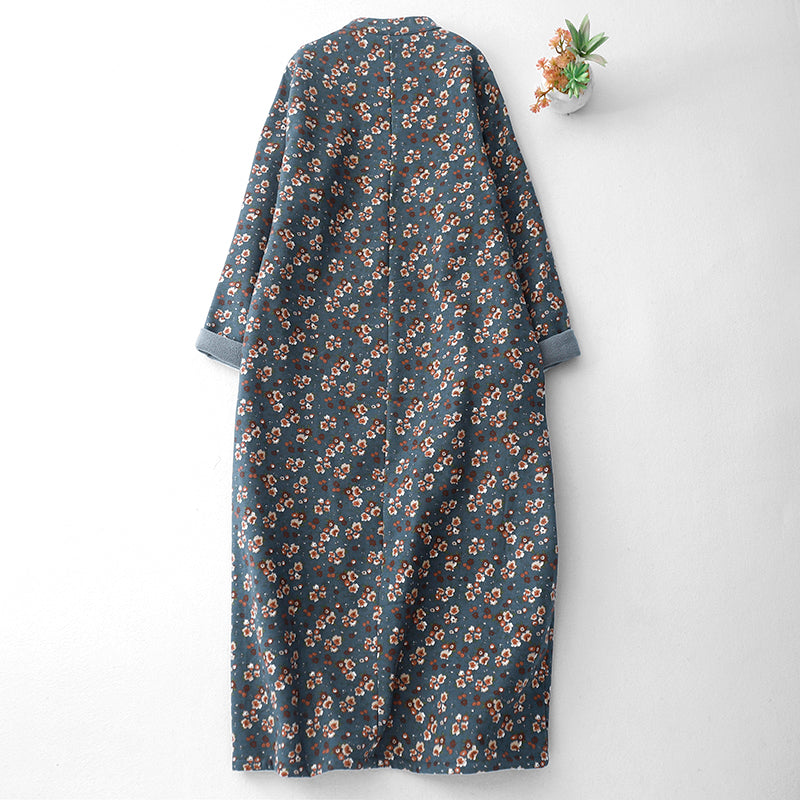 Maxct Women Winter Thickened Printed Floral Loose Fit Cotton Linen Dress