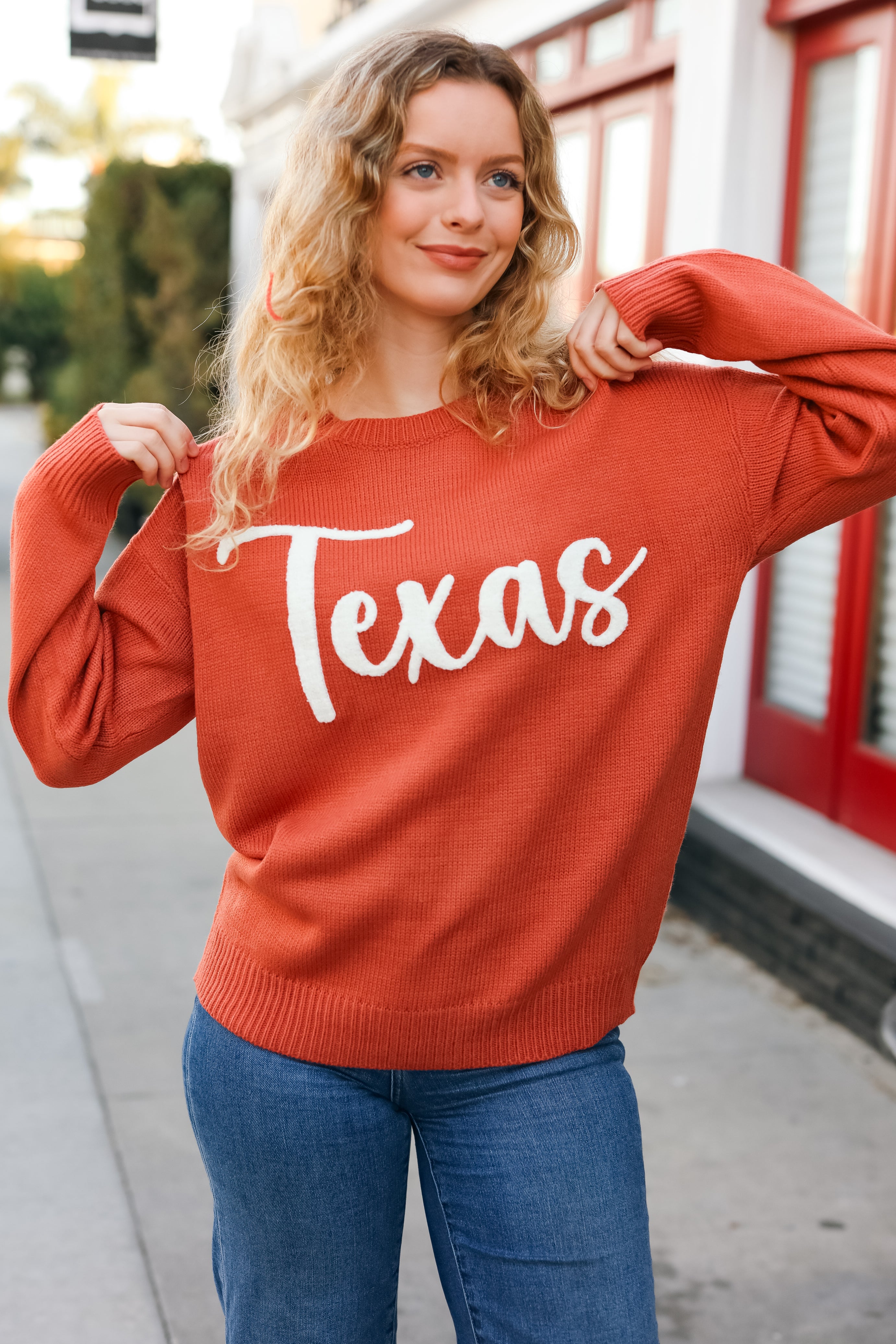 Maxct &Game Day Burnt Orange "Texas" Embroidery Pop Up Sweater