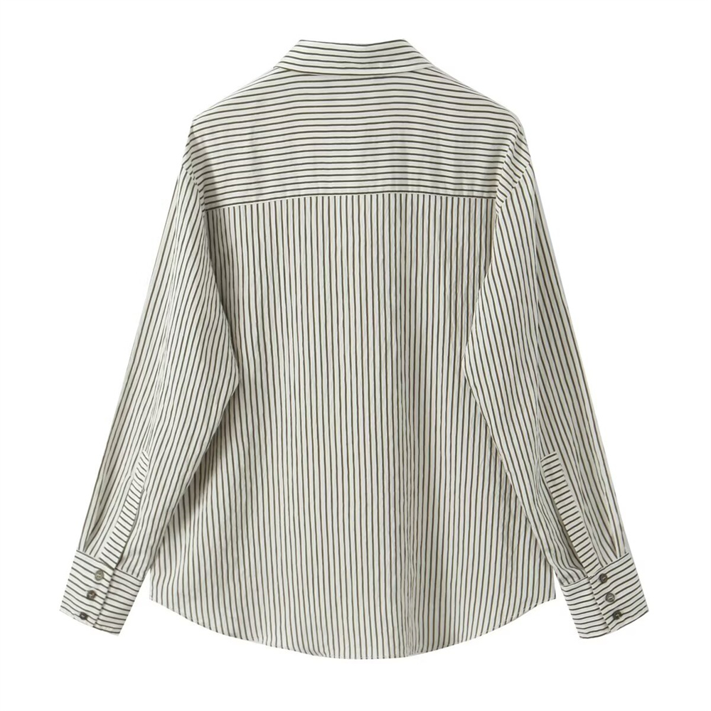Maxct Autumn New Product Women's Fashion Temperament Striped Long Sleeve Flip Collar Simple Casual Shirt