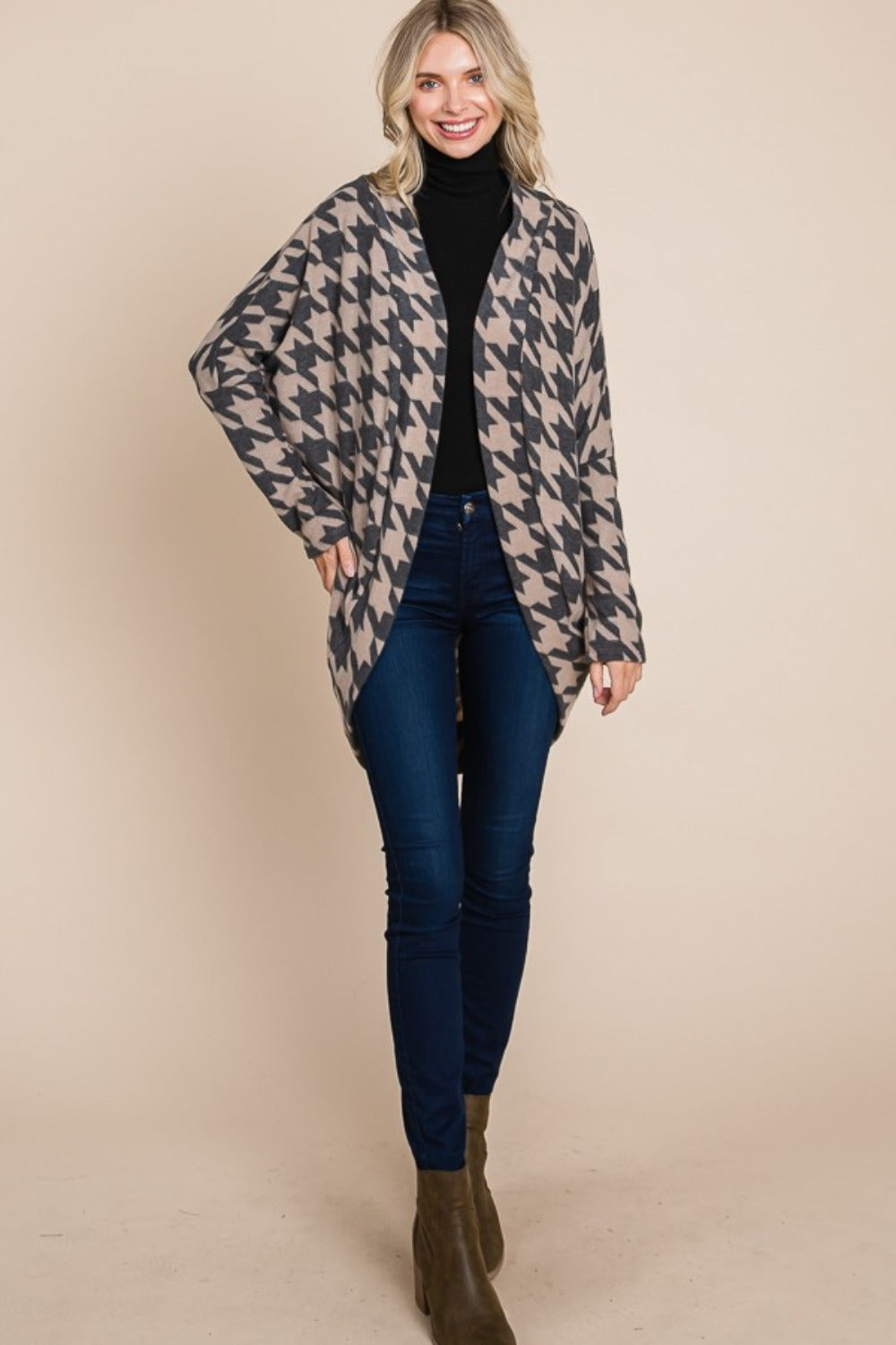 Maxct &BOMBOM Houndstooth Open Front Cocoon Knit Cardigan