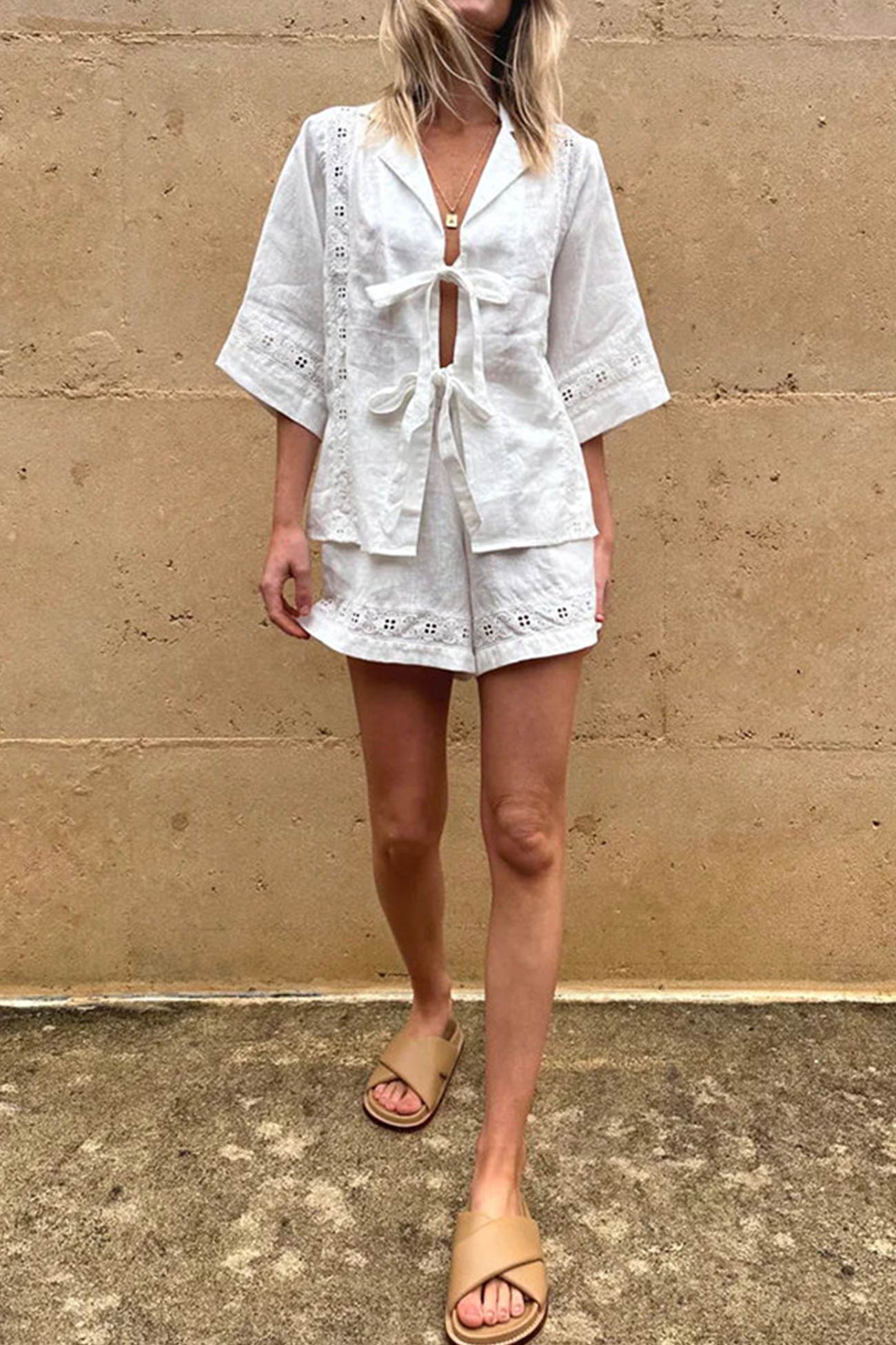 Maxct Tie-up Jacquard Hollow Out Shirt Shorts Suits