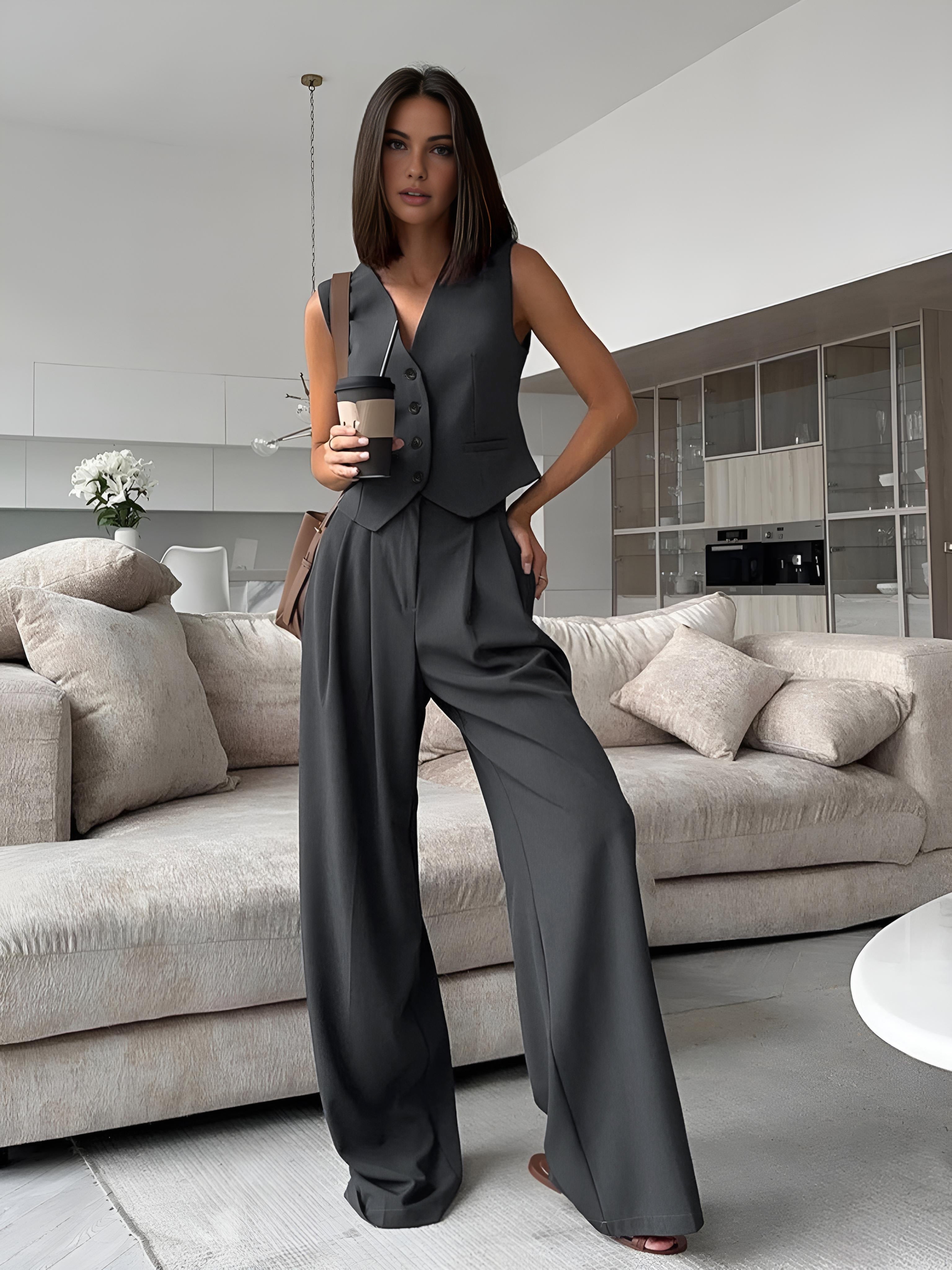 Maxct Solid V-Neck Waistcoat With Wide Leg Pants Set