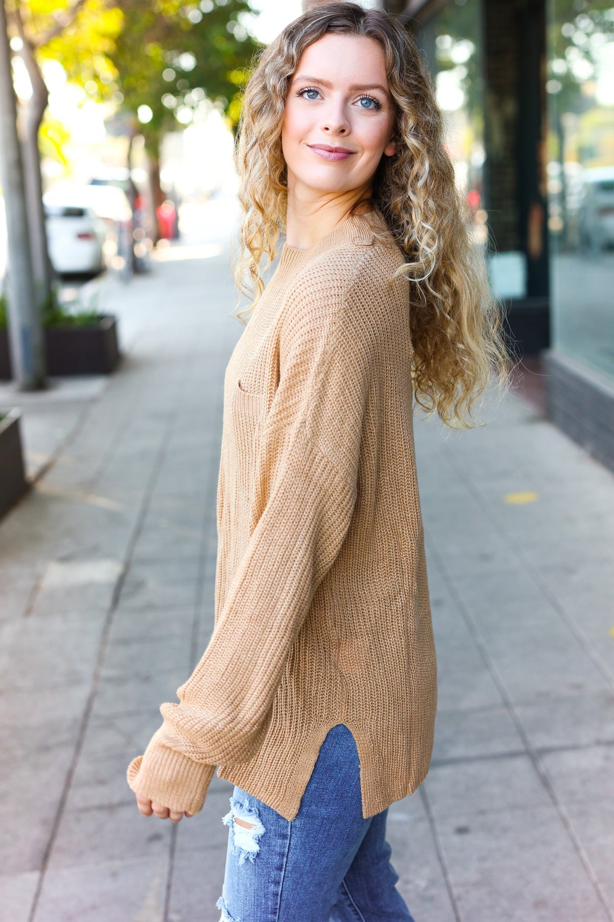 Maxct &Classy Chic Taupe Mock Neck Chest Pocket Knit Sweater