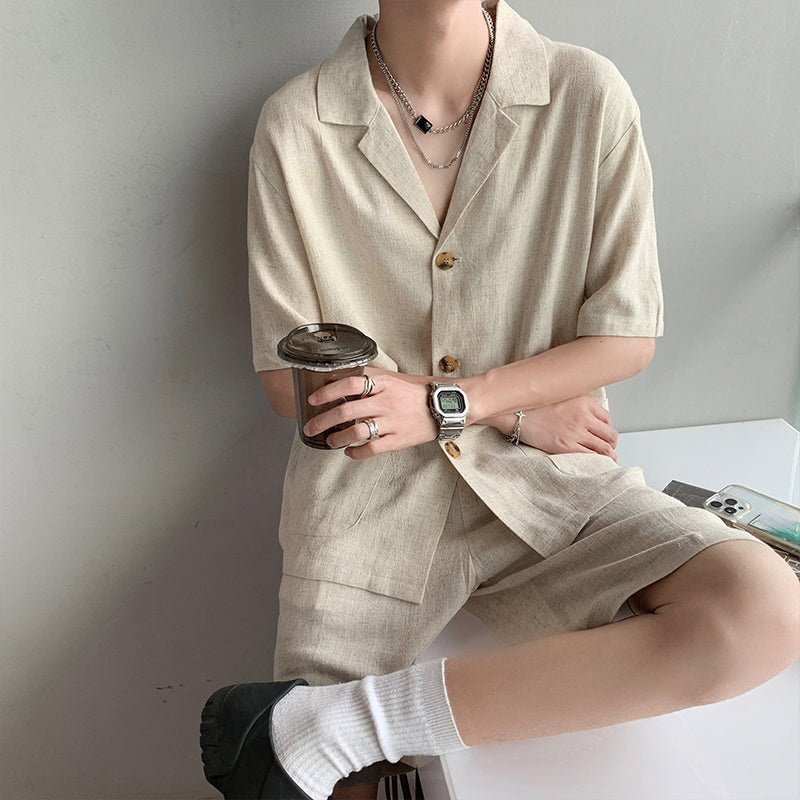 Maxct Vintage Cotton Linen Shirt Shorts Two-Piece Set